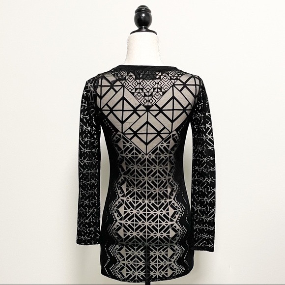Nicole Miller Sheer Mesh Geometric Long Sleeve Top - Picture 6 of 10